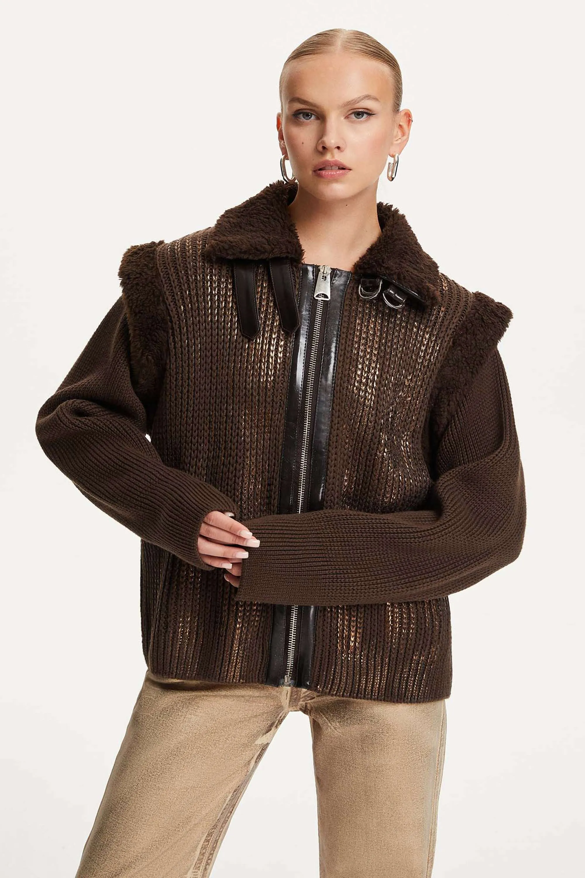 Leather-Trimmed Knit Jacket