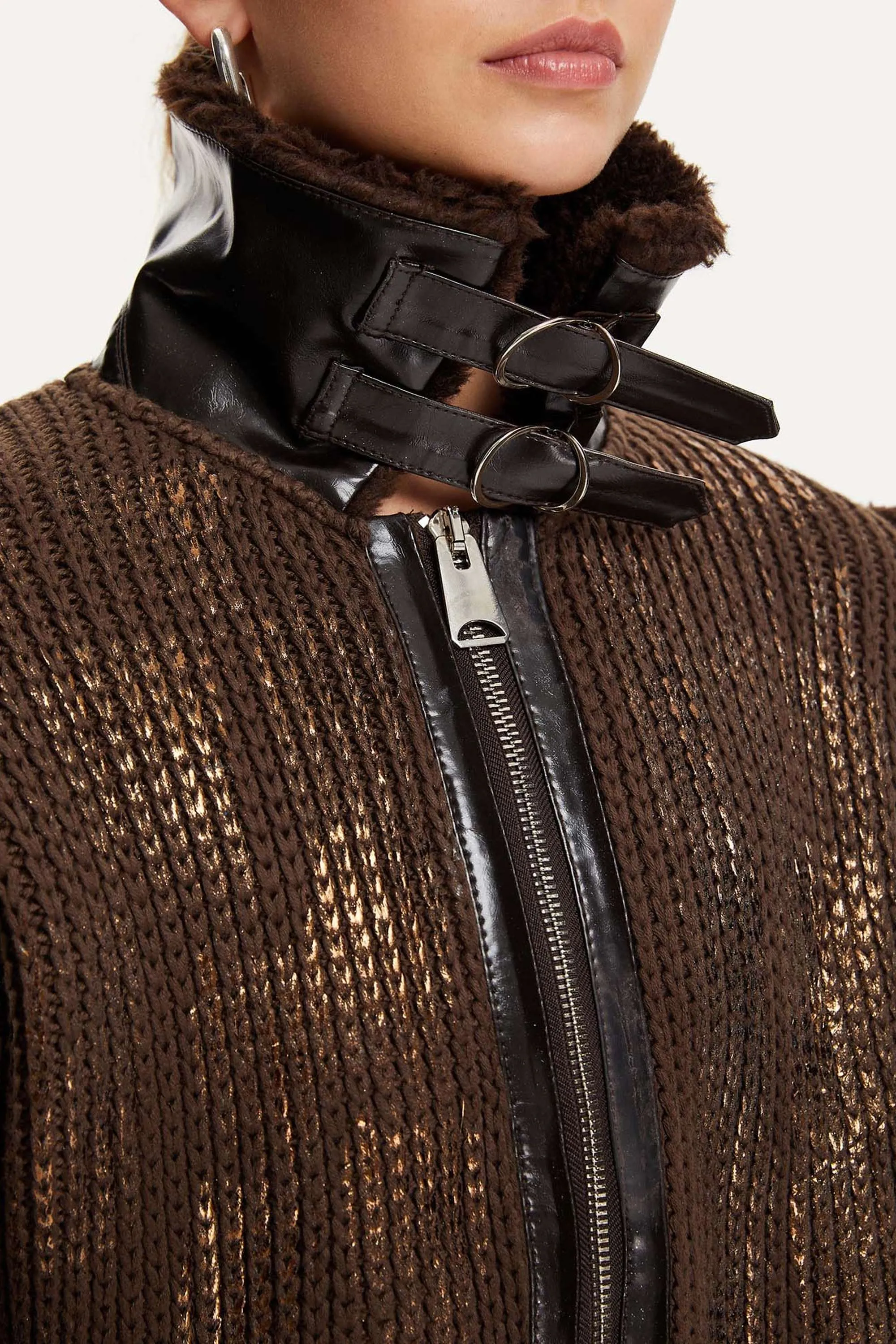 Leather-Trimmed Knit Jacket