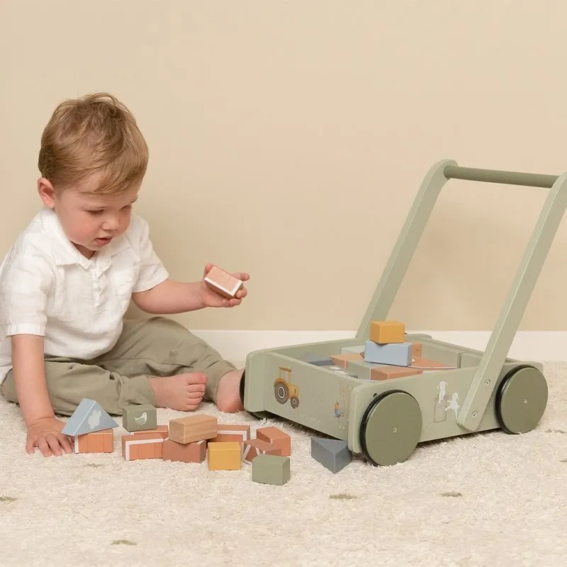 Little Dutch: Push-Along Wooden Block Trolley - Little Farm