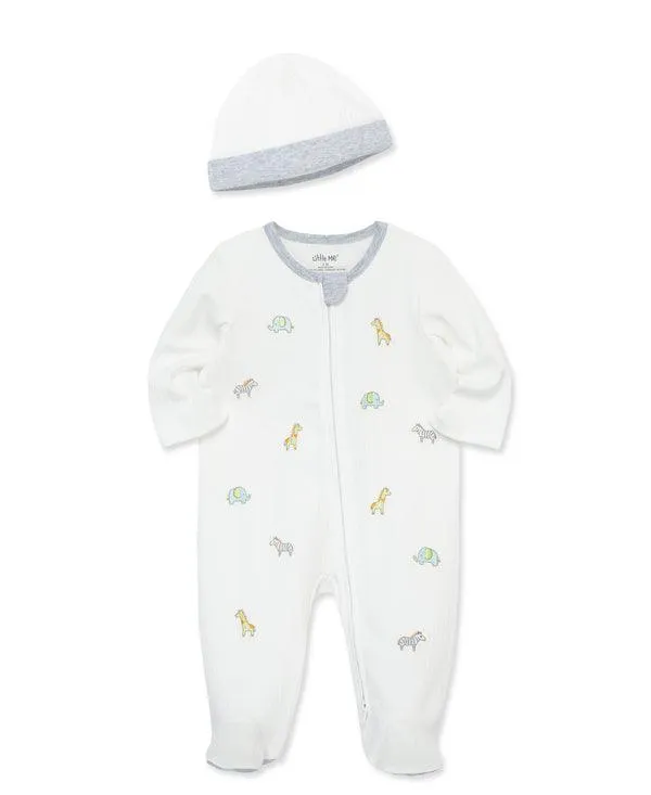 Little Me 2-Way-Zip Footed One-Piece & Hat Babykids Little Me
