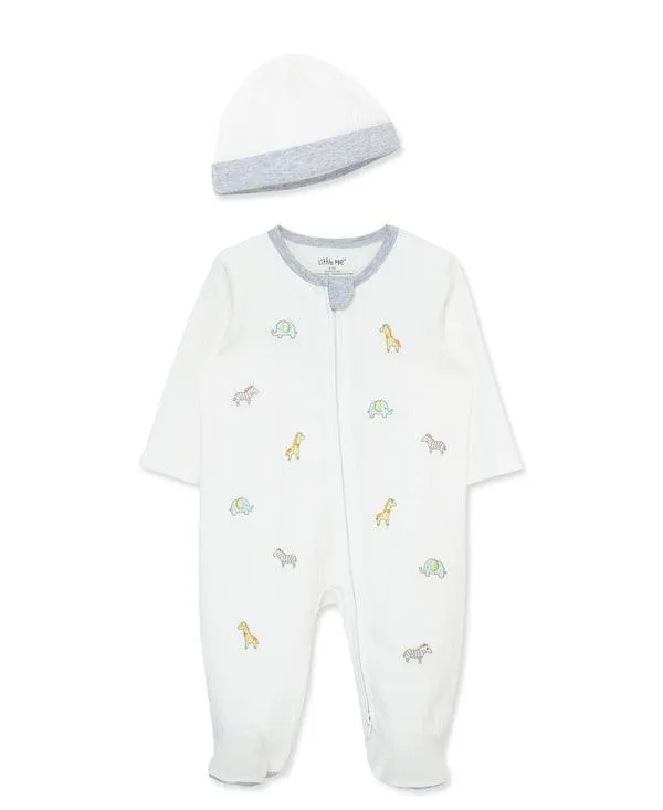 Little Me 2-Way-Zip Footed One-Piece & Hat Babykids Little Me