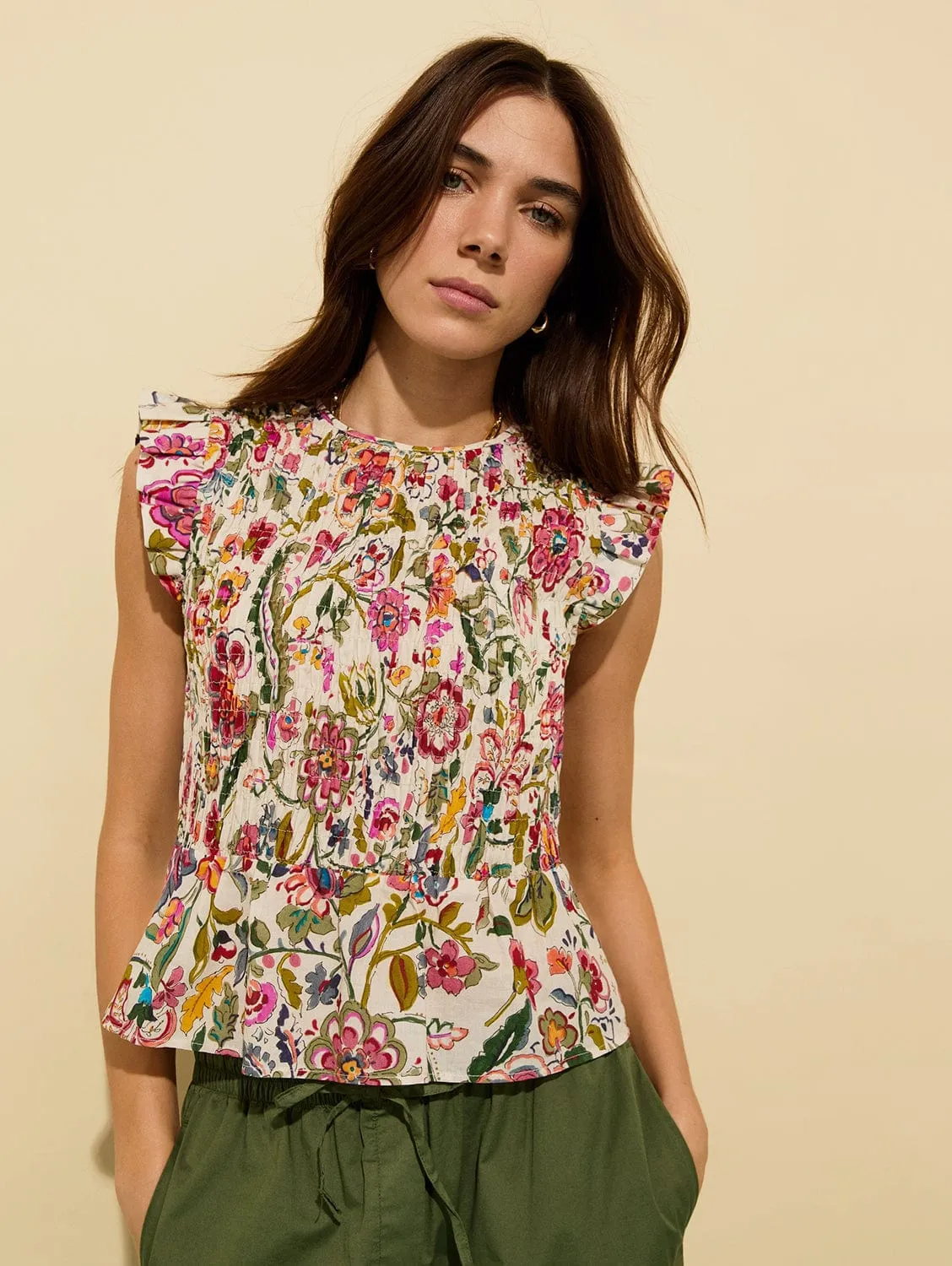 Mariah Organic Cotton Smocked Blouse | Pink Garden Floral
