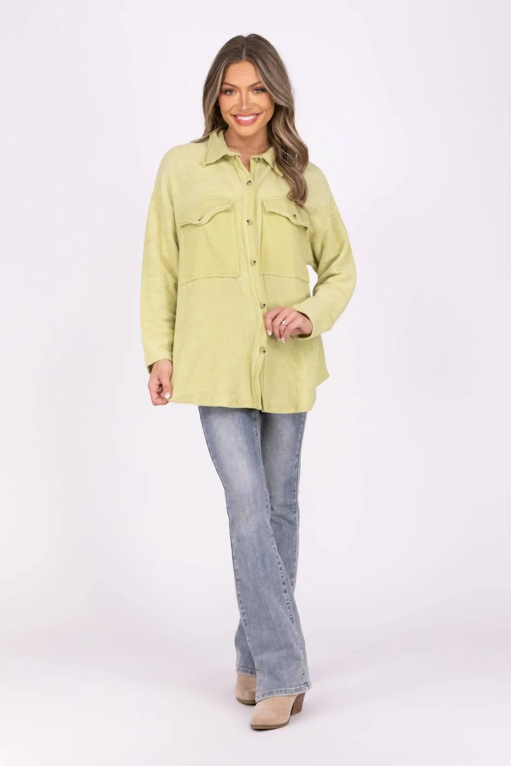 Oversized Textured Button Up Long Sleeve Top In Olive