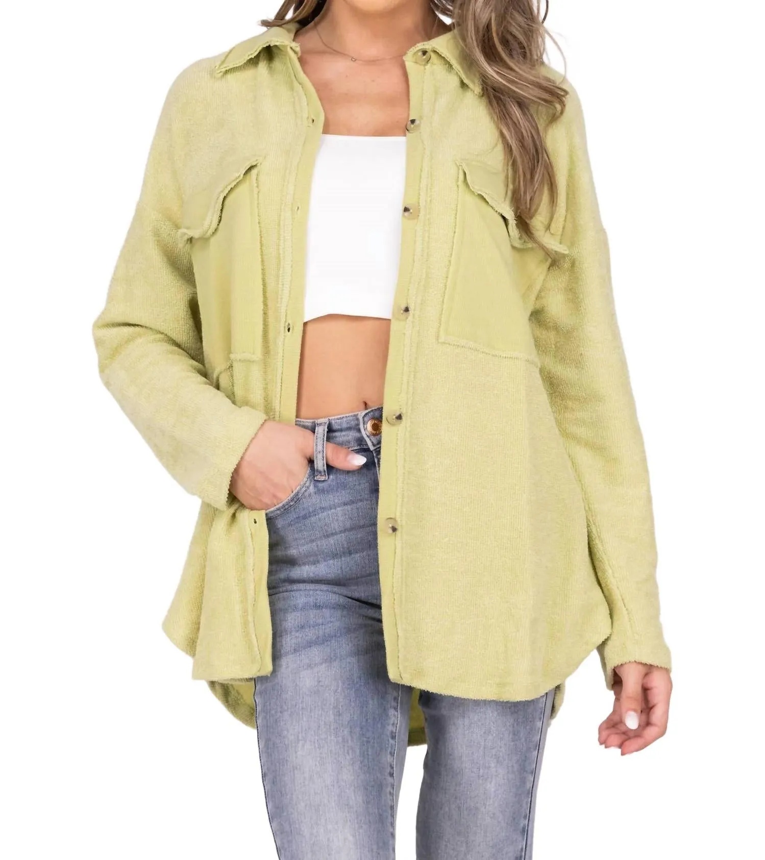 Oversized Textured Button Up Long Sleeve Top In Olive