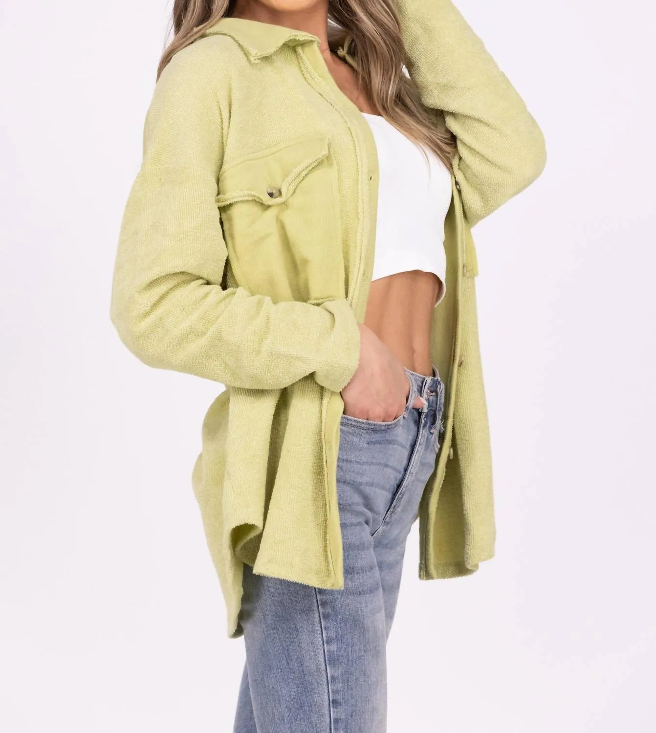 Oversized Textured Button Up Long Sleeve Top In Olive