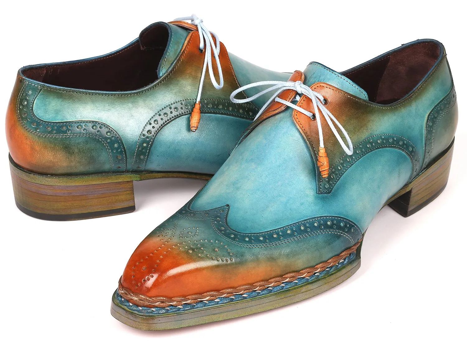 Paul Parkman Shoes Paul Parkman Norwegian Welted Wingtip Derby Shoes in Turquoise & Tobacco
