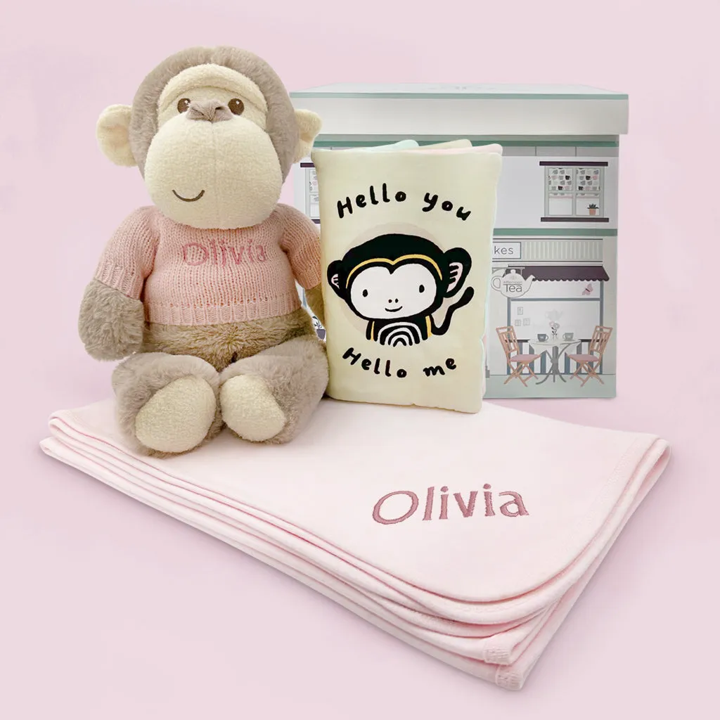 Personalised Morris Monkey Soft Toy With Snuggle Wrap and Book, Pink