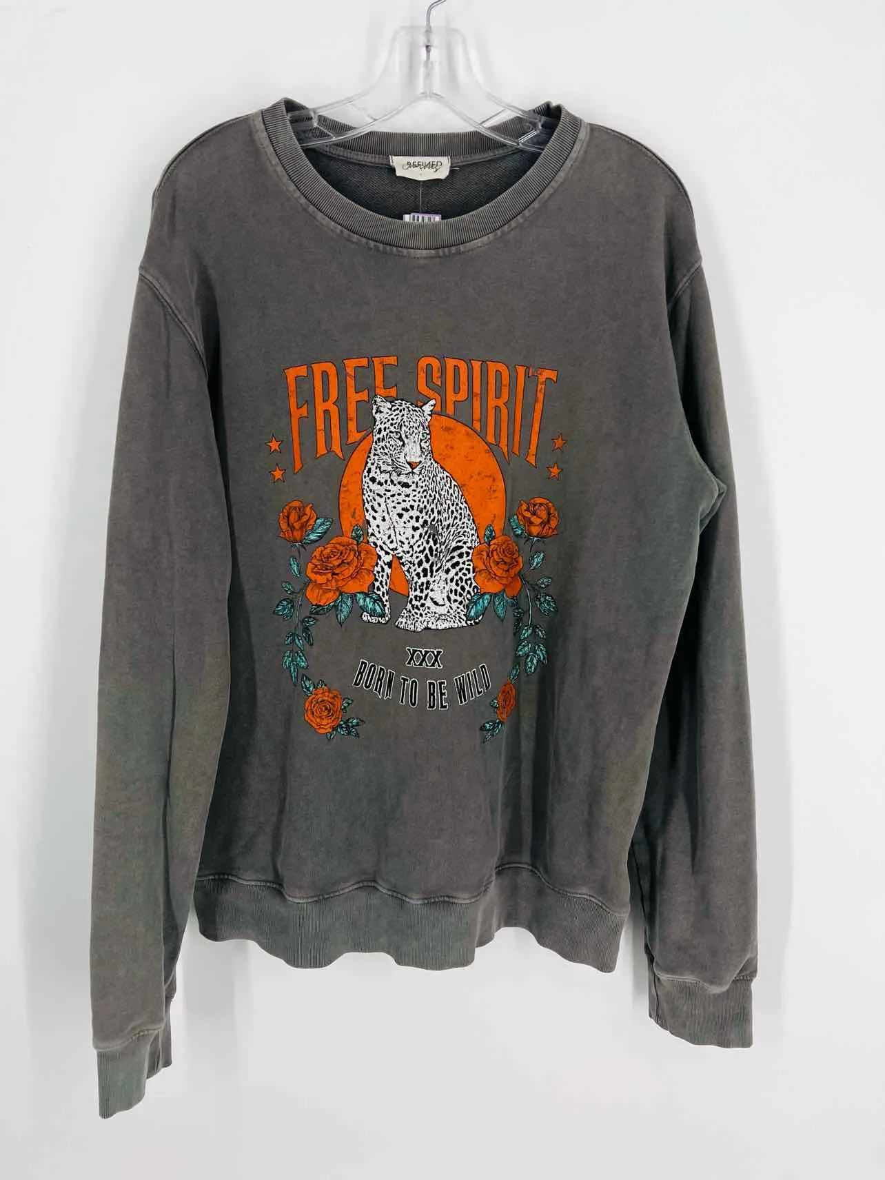 Refined Canvas Size L Gray/Orange Screen Print Tops Top-Long Sleeve