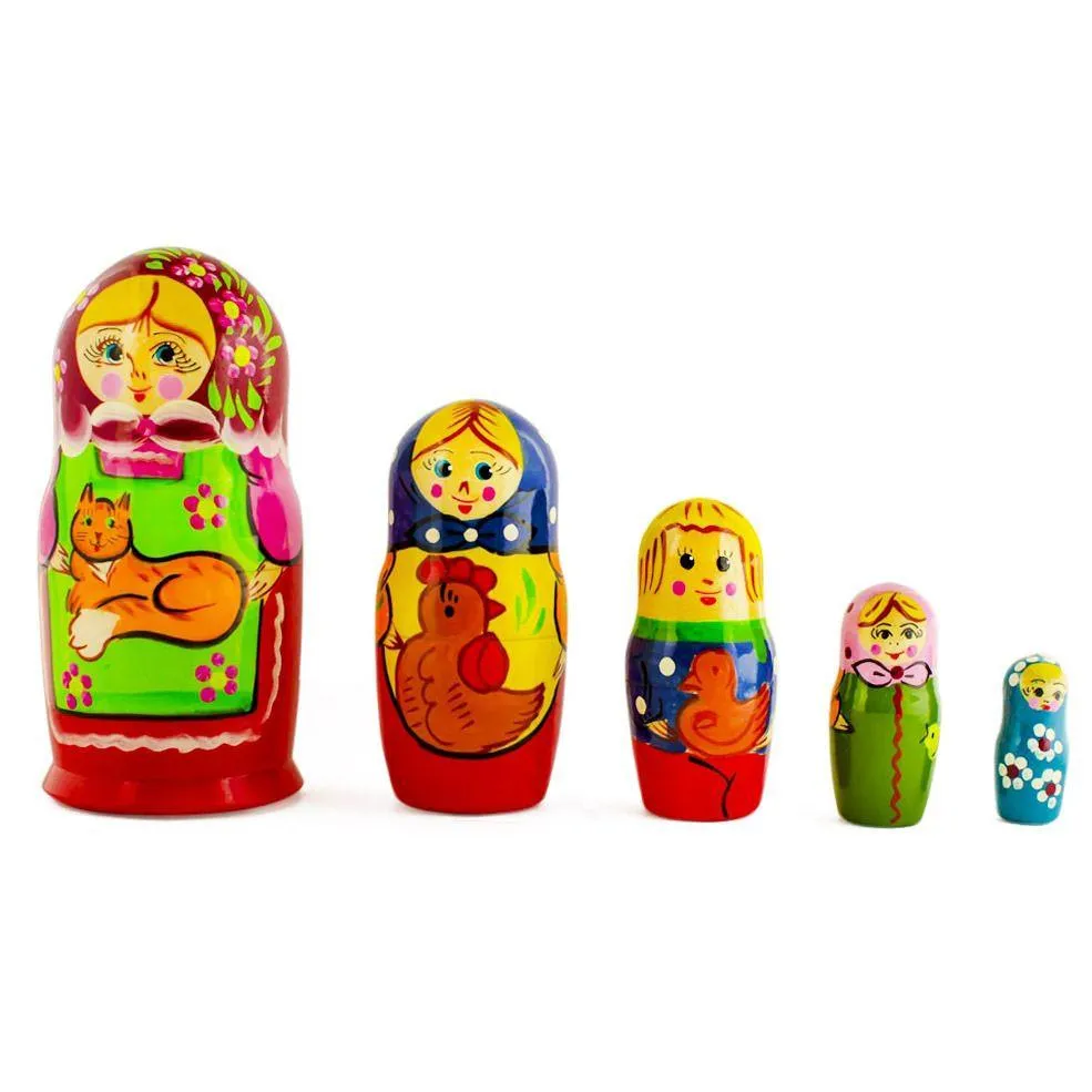 Set Of 5 Girls With Cat, Rooster And Duck Animals Nesting Dolls 6 Inches Babykids_Bestpysanky