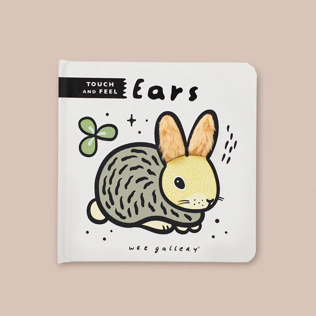 Wee Gallery Touch and Feel Book, Ears with Personalised Little Grey Bunny Soft Toy