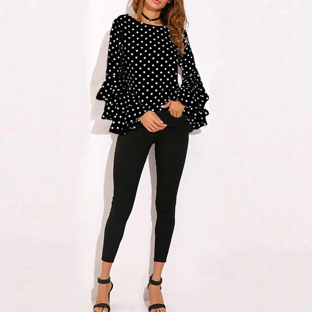 Women Blouses Polka Dot Bell Sleeve Blouses