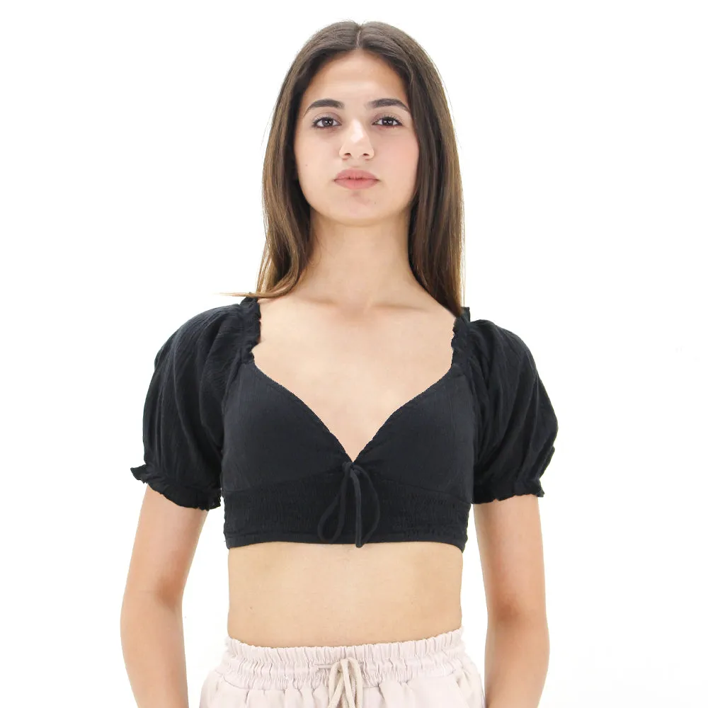 Women's Cotton Ruffle Crop Top,Black
