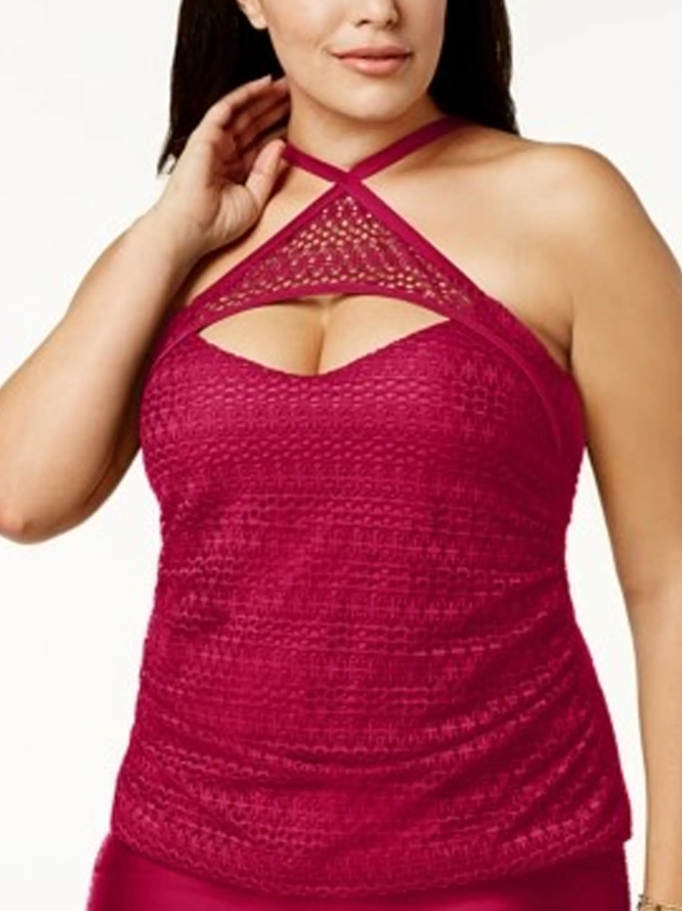 Women's Crochet High Neck Tankini Top,Red