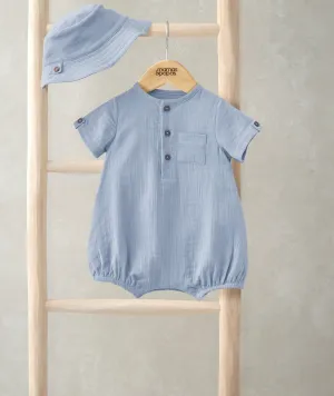 Woven Romper & Bucket Hat Set (2 Pieces) - Blue