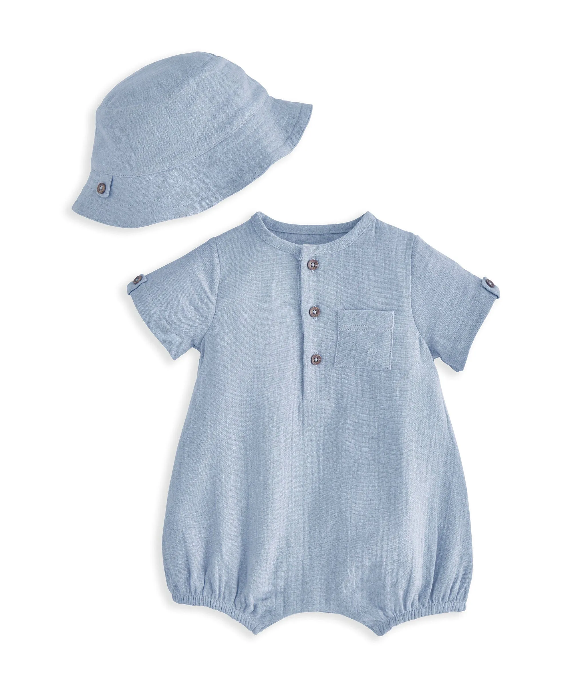Woven Romper & Bucket Hat Set (2 Pieces) - Blue